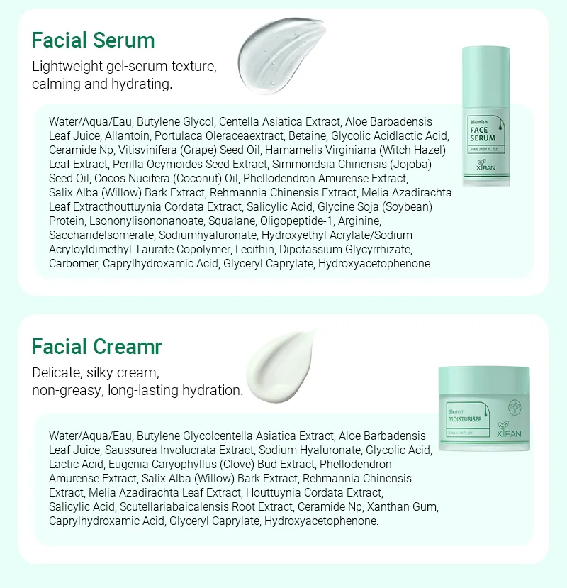 Image showcasing a facial serum with its ingredients list and a cream with its list of ingredients.